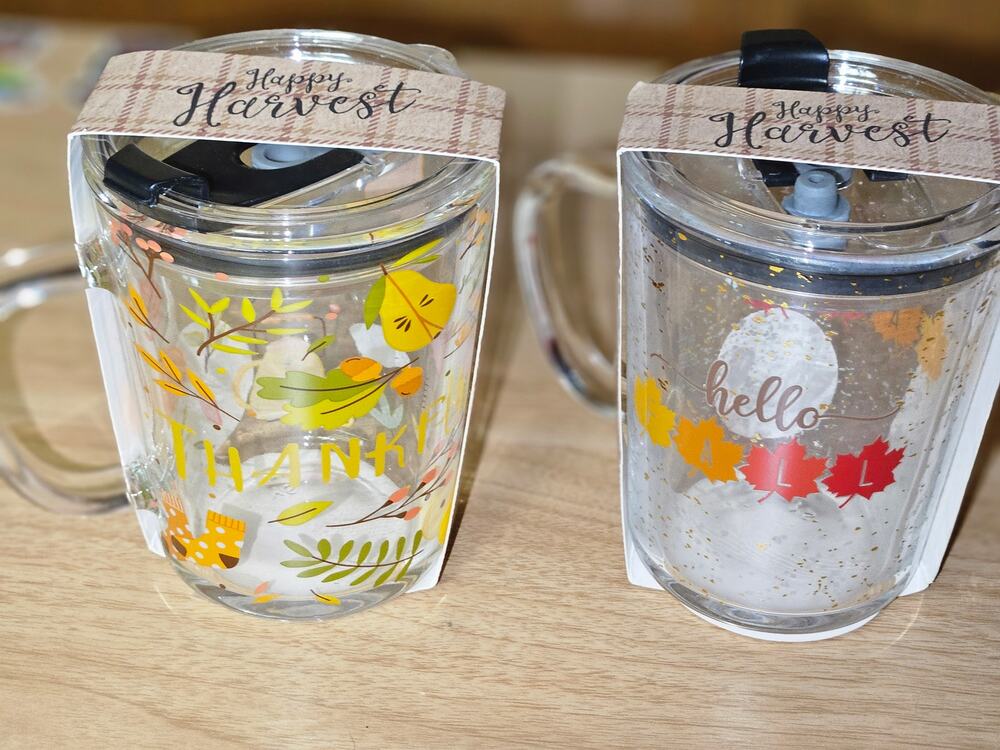 Happy Harvest Fall 14 oz Glass Mug with Plastic Sipper Lid NWT